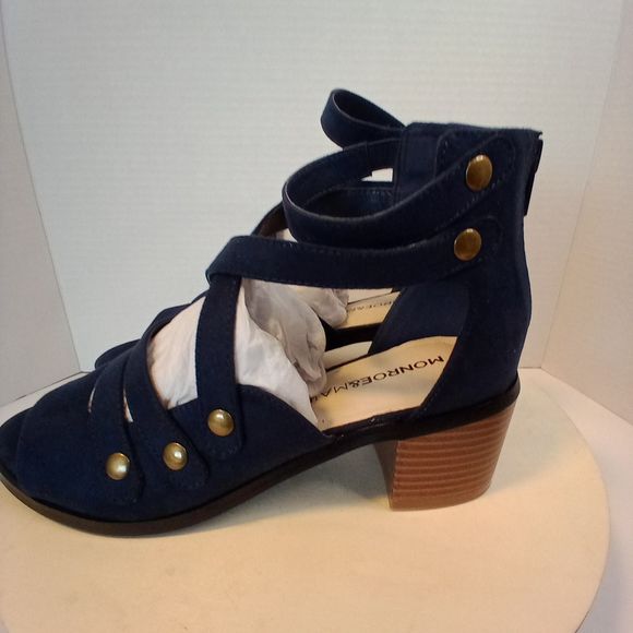 MONROE & MAIN Blue Peep Toe Block Heel Ankle Sandal Women's Size 7M - Picture 4 of 11